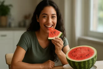Žena sa usmieva a vychutnáva si kúsok vodného melóna