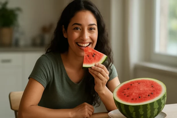 Žena sa usmieva a vychutnáva si kúsok vodného melóna