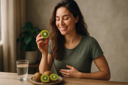 Žena s kiwi v ruke, usmievajúca sa a užívajúca si zdravé trávenie.