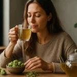 Žena vychutnáva chmeľový čaj, prirodzený prostriedok na uvoľnenie.