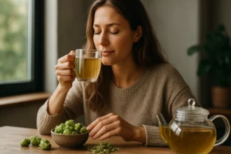 Žena vychutnáva chmeľový čaj, prirodzený prostriedok na uvoľnenie.