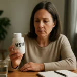 Žena skúma fľašu s MSM v ruke, zameraná na zdravie a výživu.