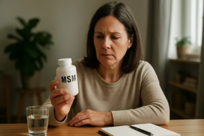 Žena skúma fľašu s MSM v ruke, zameraná na zdravie a výživu.