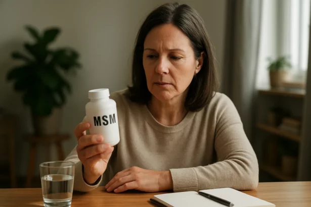 Žena skúma fľašu s MSM v ruke, zameraná na zdravie a výživu.