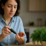 Žena meria hladinu cukru v krvi s kôprom na stole.