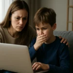 Matka a dieťa sa pozerajú na notebook s obavami.
