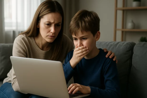 Matka a dieťa sa pozerajú na notebook s obavami.