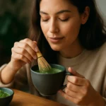 Žena mieša matcha prášok v šálke, vyžarujúca spokojnosť a energiu.