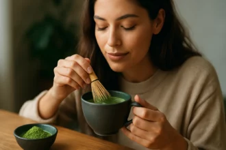 Žena mieša matcha prášok v šálke, vyžarujúca spokojnosť a energiu.