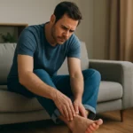 Muž trpiaci bolesťou nôh sedí na pohovke