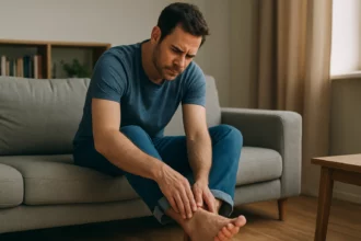 Muž trpiaci bolesťou nôh sedí na pohovke