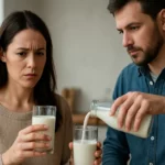Znepokojená žena sleduje muža, ktorý nalieva mlieko do pohára.