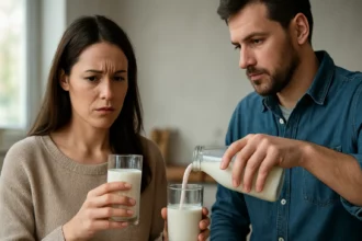 Znepokojená žena sleduje muža, ktorý nalieva mlieko do pohára.