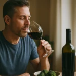 Muž vychutnáva červené víno s brokolicou na stole