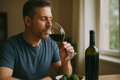 Muž vychutnáva červené víno s brokolicou na stole