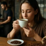 Žena vychutnávajúca si kávu s kávovými zrnami na stole