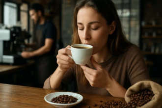 Žena vychutnávajúca si kávu s kávovými zrnami na stole