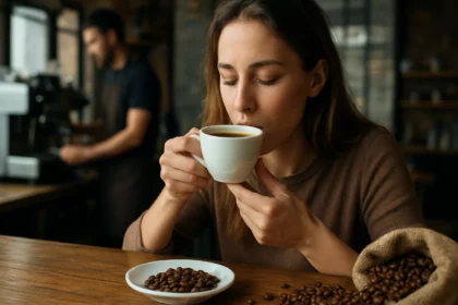 Žena vychutnávajúca si kávu s kávovými zrnami na stole
