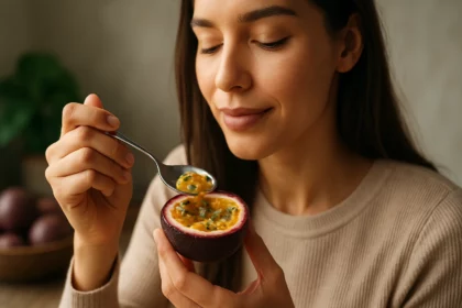 Žena vychutnávajúca si marakuju so lyžičkou v ruke.