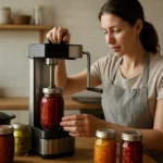 Žena používa domácu konzervovaciu automatiku na plnenie pohárov.