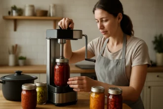 Žena používa domácu konzervovaciu automatiku na plnenie pohárov.