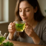 Žena vychutnáva si mätový čaj so sviežou vôňou