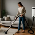 Žena s centrálnym vysávačom v modernej obývacej izbe