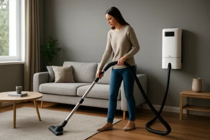 Žena s centrálnym vysávačom v modernej obývacej izbe