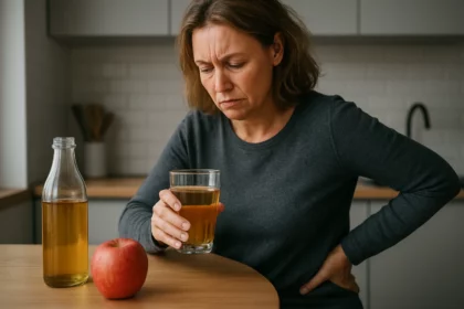 Žena s obavami drži pohár jablčného octu a má bolesti brucha.