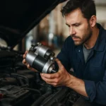 Mechanik skúma štartér auta na oprave motorového systému.