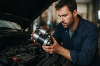 Mechanik skúma štartér auta na oprave motorového systému.