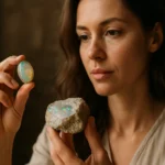 Žena skúma opálový kameň a jeho liečivé vlastnosti.