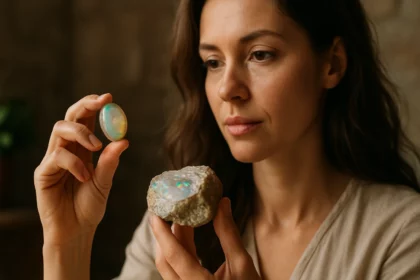 Žena skúma opálový kameň a jeho liečivé vlastnosti.