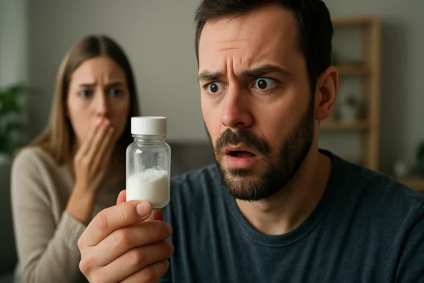 Muž a žena reagujú na obsah fľaštičky s bielym práškom