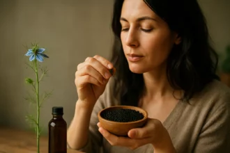 Žena s čiernym kmínom a rastlinou Nigella Sativa v rukách