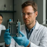 Vedec skúma vodíkový článok v laboratóriu.