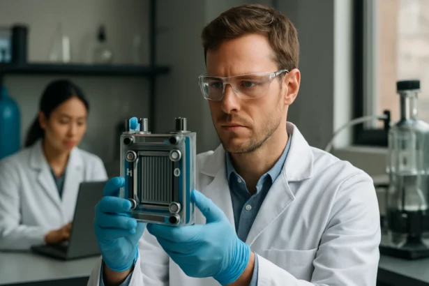 Vedec skúma vodíkový článok v laboratóriu.