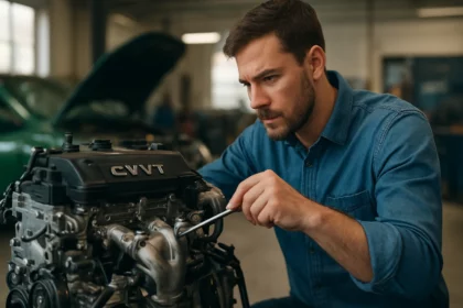 Mechanik pracovník opravujúci motor CVVT v dielni.