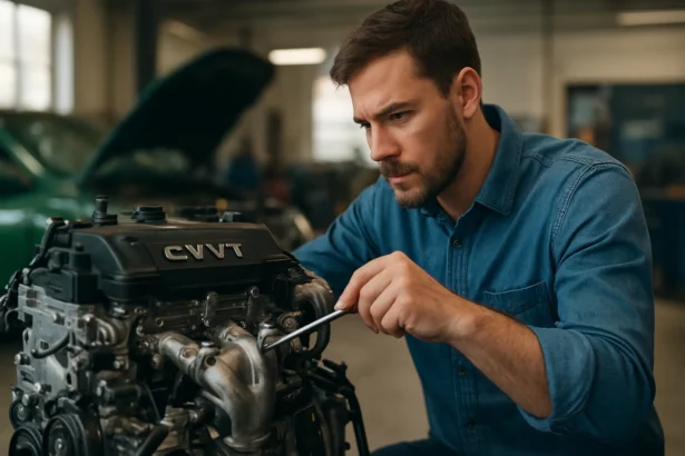 Mechanik pracovník opravujúci motor CVVT v dielni.