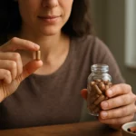 Žena drží škoricové kapsuly a sklenenú nádobu s kapsulami.