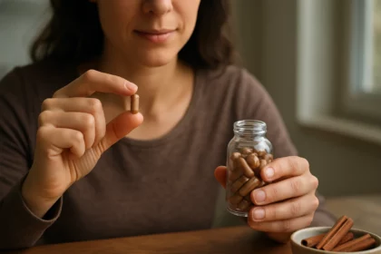 Žena drží škoricové kapsuly a sklenenú nádobu s kapsulami.