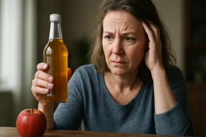 Žena znepokojená pohľadom na fľašu jablčného octu pred jablkom.