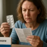 Žena číta pokyny k užívaniu Meloxanu a drží tabletky.