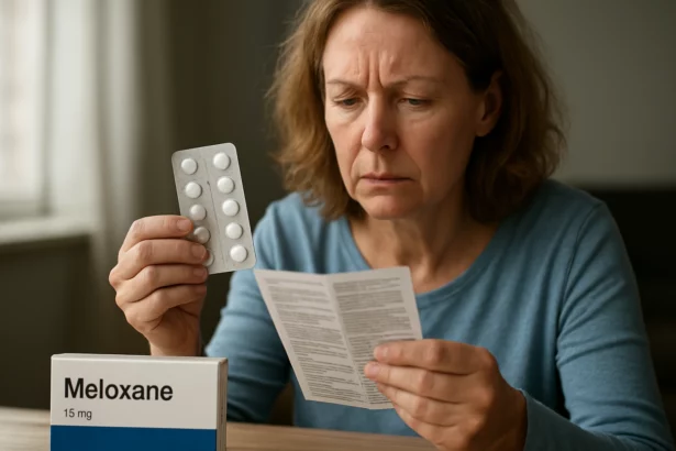Žena číta pokyny k užívaniu Meloxanu a drží tabletky.
