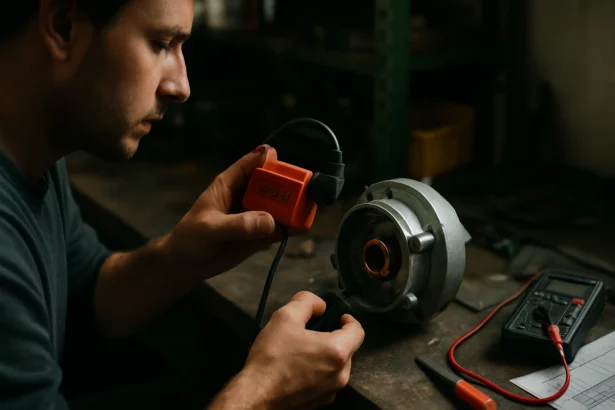 Mechanik testuje zapaľovanie Ducati Energia s multimetrom.