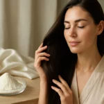 Žena s hladkým hodvábnym proteínom a krásnymi vlasmi.