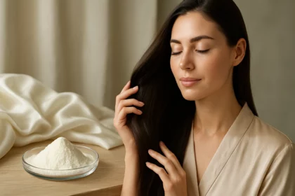 Žena s hladkým hodvábnym proteínom a krásnymi vlasmi.