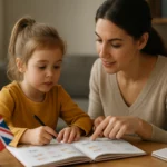 Matka učí svoju dcéru cudzí jazyk v domácom prostredí.