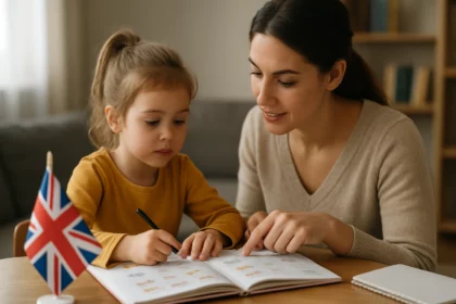 Matka učí svoju dcéru cudzí jazyk v domácom prostredí.