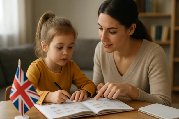 Matka učí svoju dcéru cudzí jazyk v domácom prostredí.
